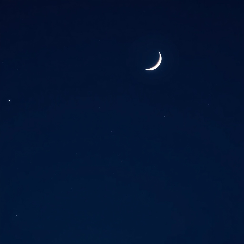 Cena noturna serena com lua crescente e estrelas, transmitindo paz e tranquilidade.